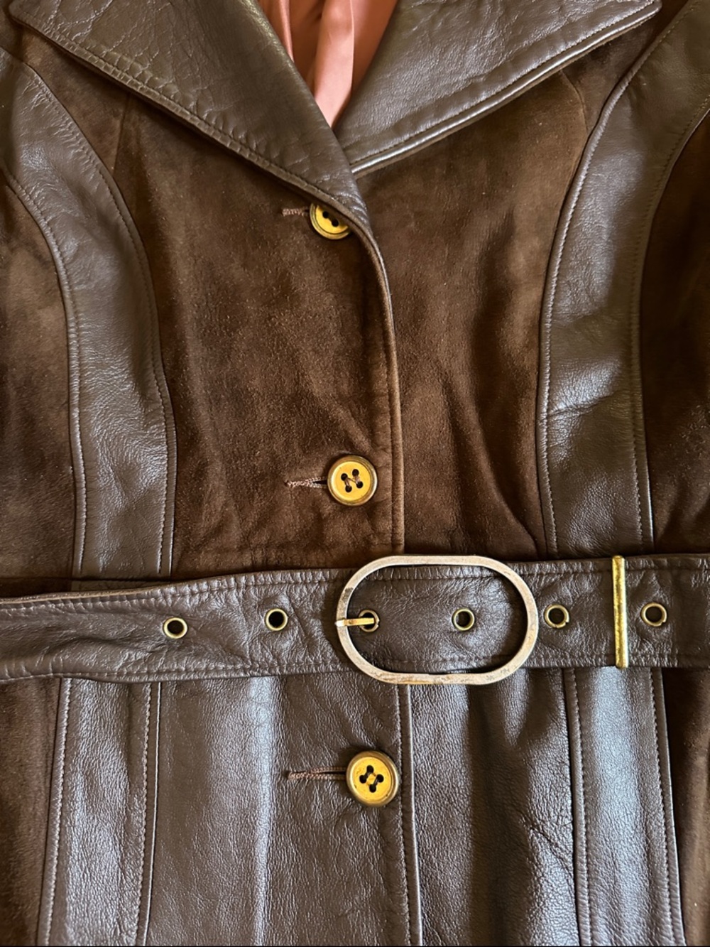 Vintage Brown Leather & Suede Belted lined Women’s Jacket size Large - Picture 5 of 11